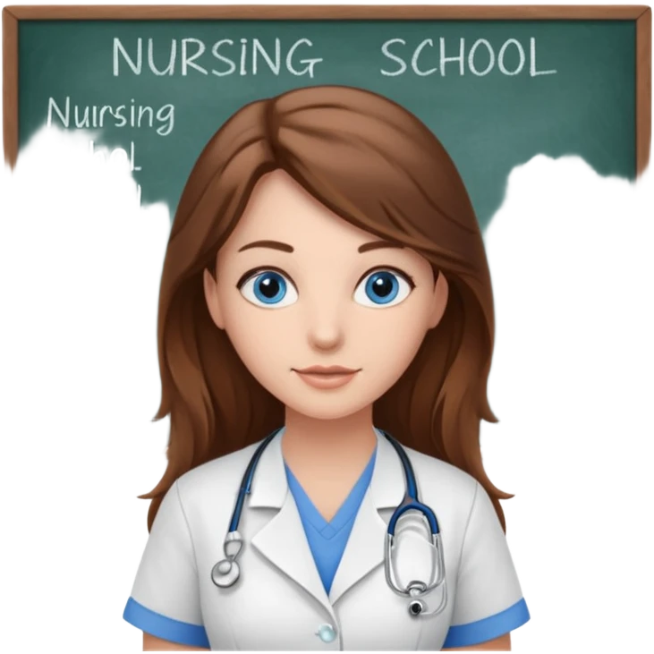 inside a classroom at university that says nursing school on the board with a pretty female nursing student with long brown hair, blue eyes emoji