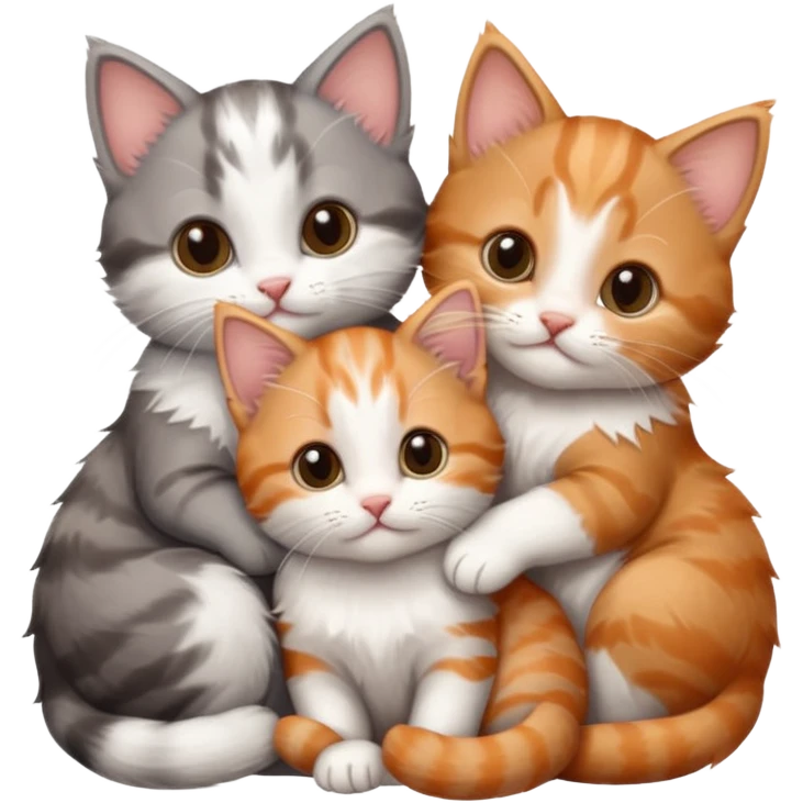 3 tiny kittens cuddling together all different colours, the first one is grey and white, the second is ginger and white and the third is brown tabby and white emoji