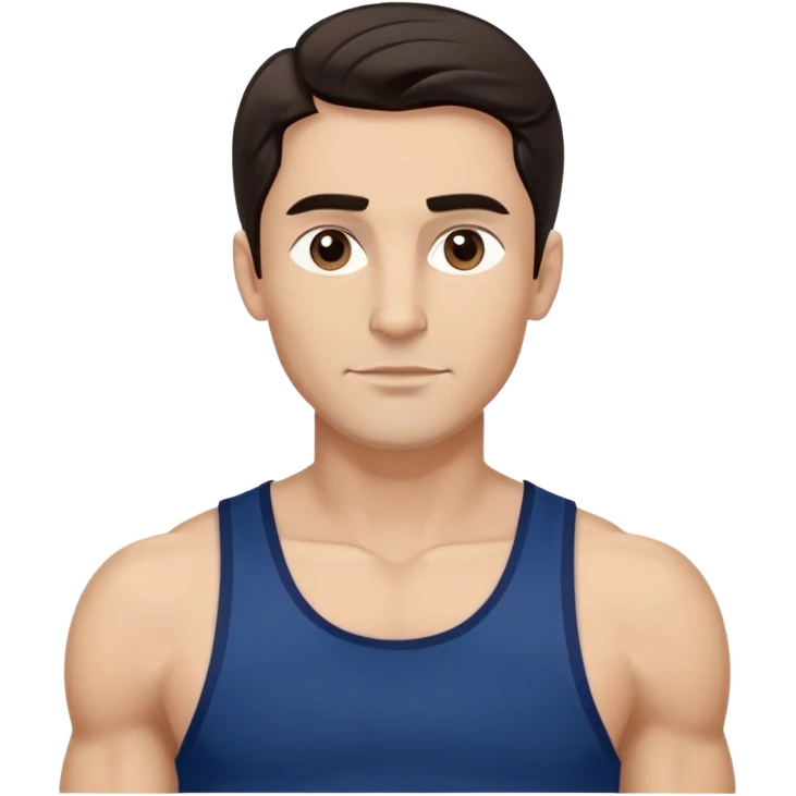Fit man in his early 40s with light brown complexion. Elongated face with strong jawline. Attractive features with medium dark eyes and arched eyebrows. Straight nose. Confident expression. Medium-length wavy dark hair styled modernly. Wearing a dark blue athletic tank top. emoji