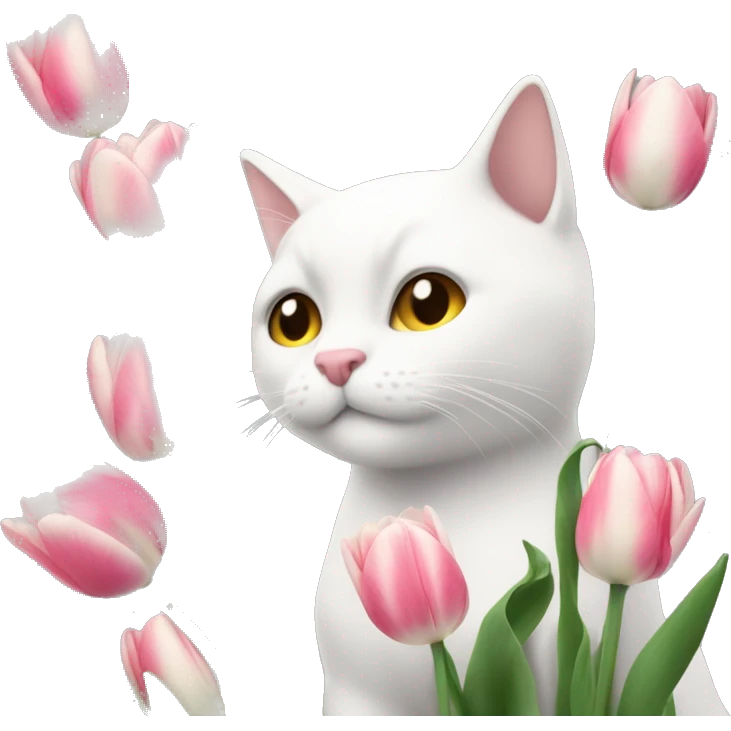 Gato blanco dando tulipanes rosas emoji