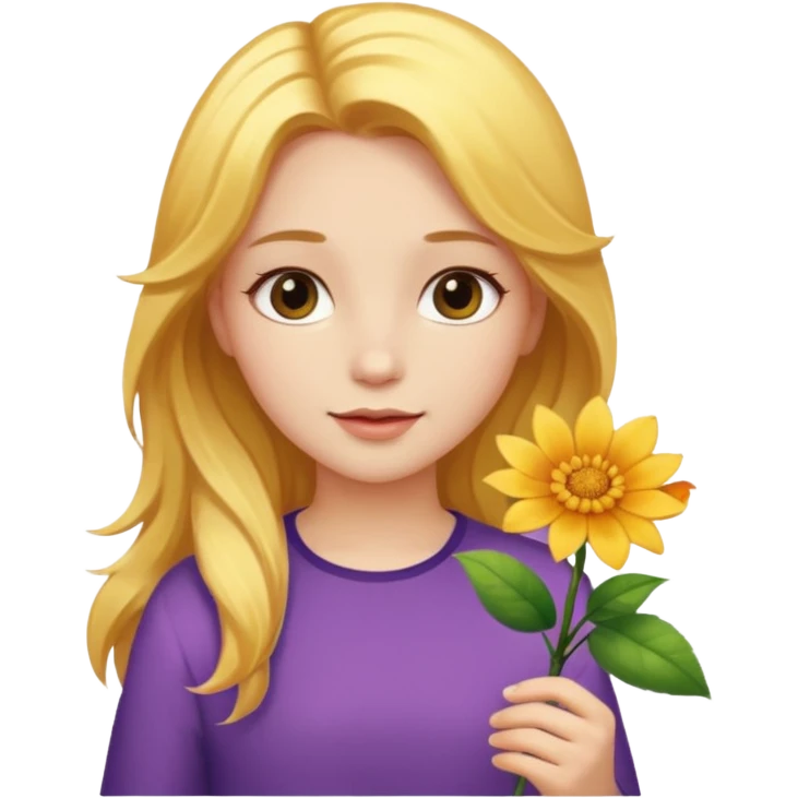 A girl with a flower in her hand, golden hair, and beauty. emoji