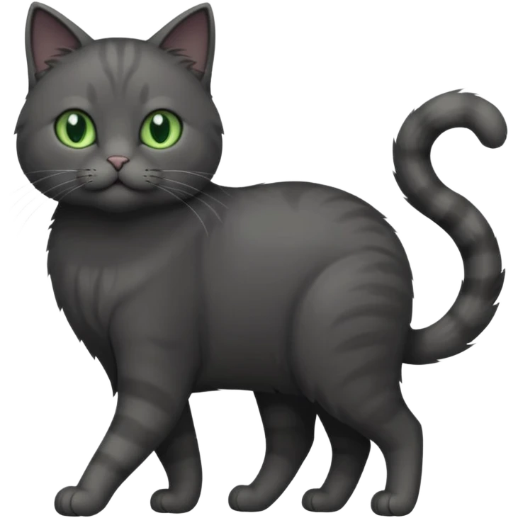 full body solid dark grey cat with green eyes, white paws and white whiskers walking emoji