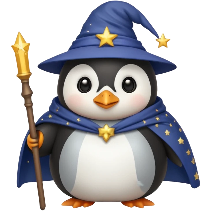 chubby penguin wizard with a starry cloak and a wand, emoji style emoji