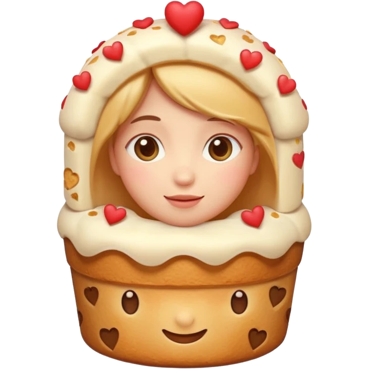 Apple-style emoji illustration of a cute face with dreamy eyes hugging a traditional panettone, small hearts floating around, soft 3D emoji style, smooth gradients, rounded shapes, warm festive colors, simple expression, centered composition, transparent background, no text. emoji