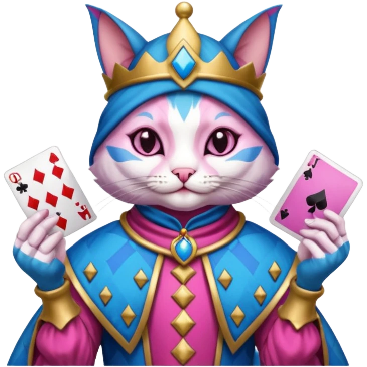 court jester cat medieval, poker cards, pink and blue emoji