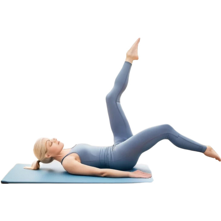 A person performing a Pilates exercise on a mat in a clean, modern studio. The focus is on core strength and flexibility, with a neutral, calming color palette. Simple equipment like a reformer machine and a soft, tranquil background enhance the feeling of controlled movement and focus. emoji