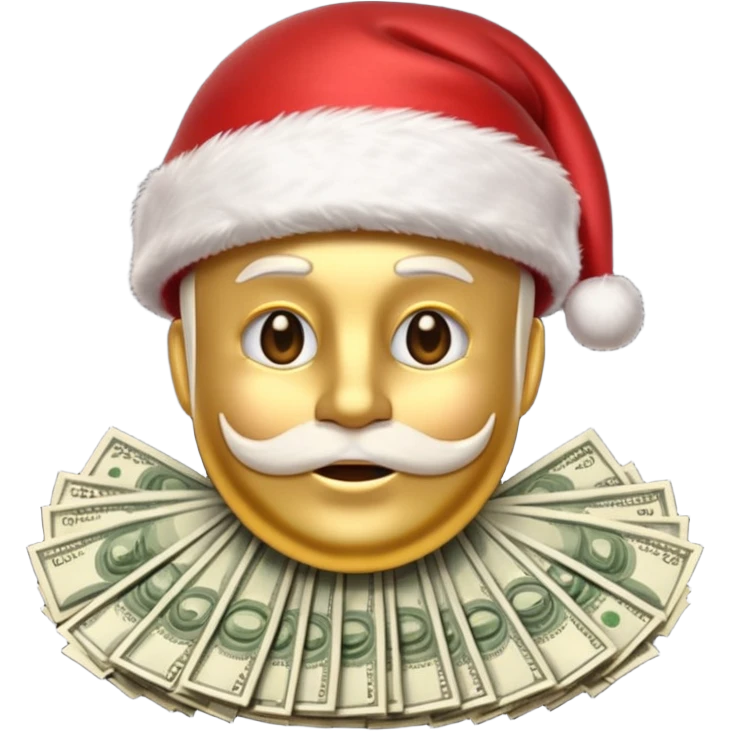 A confident rich emoji face wearing a Santa hat, money stacks, casino vibe, New Year theme, premium 3D emoji style, sharp details, no text, isolated on transparent background emoji