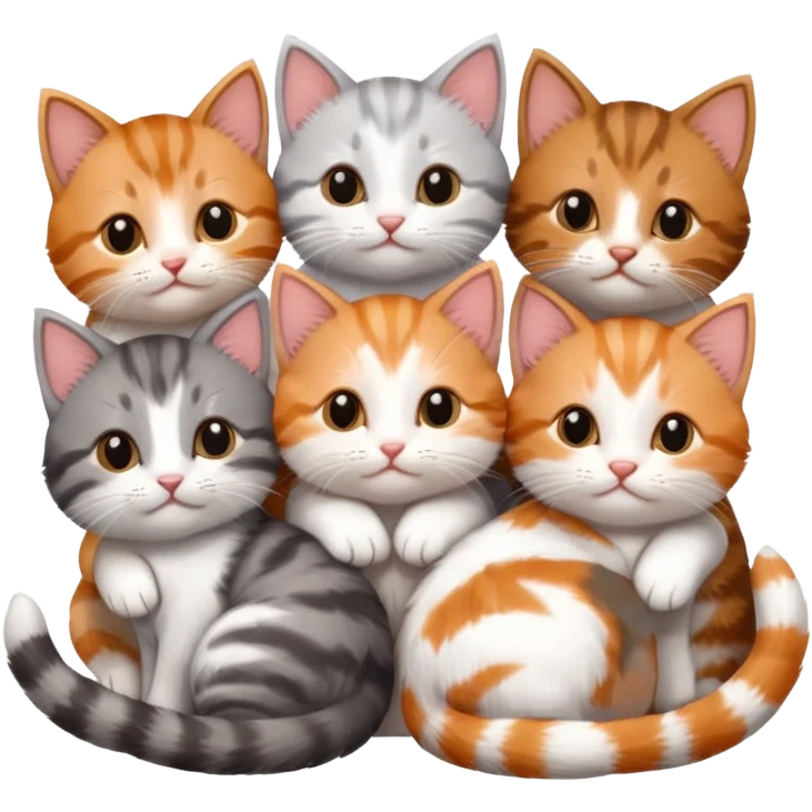 6 tiny kittens cuddling together all different colours, the first one is grey and white, the second is ginger and white and the third is brown tabby and white emoji