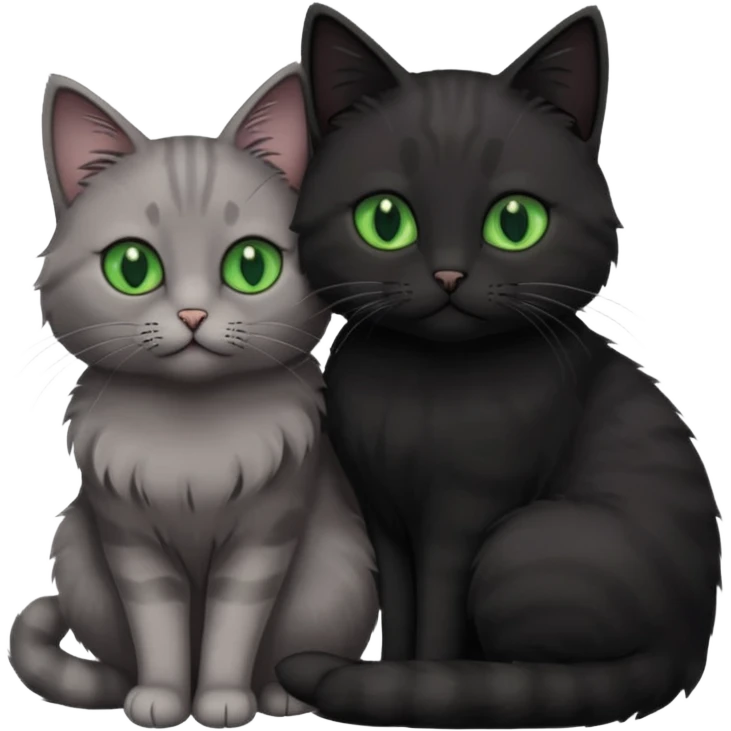 1 grey cat with green eyes and 1 black with green eyes cat cuddling emoji