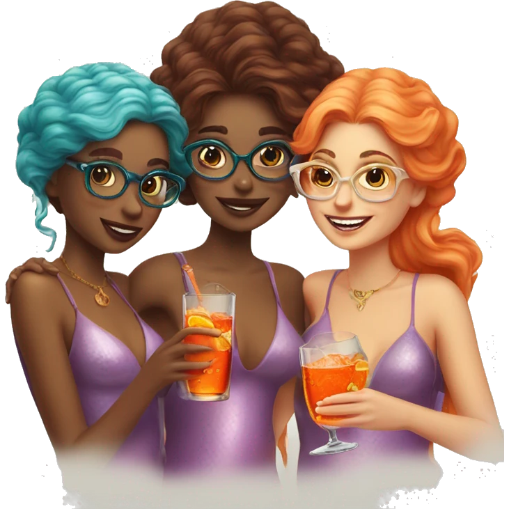 Three beautiful mermaids with glasses and drinking aperol emoji