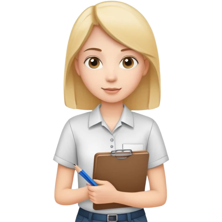 intern or volunteer holding a clipboard and pencil, ready to take notes or assist. The character wears a simple shirt and has an eager posture emoji