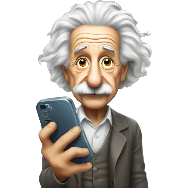 Albert Einstein holds a cell phone in his hands emoji