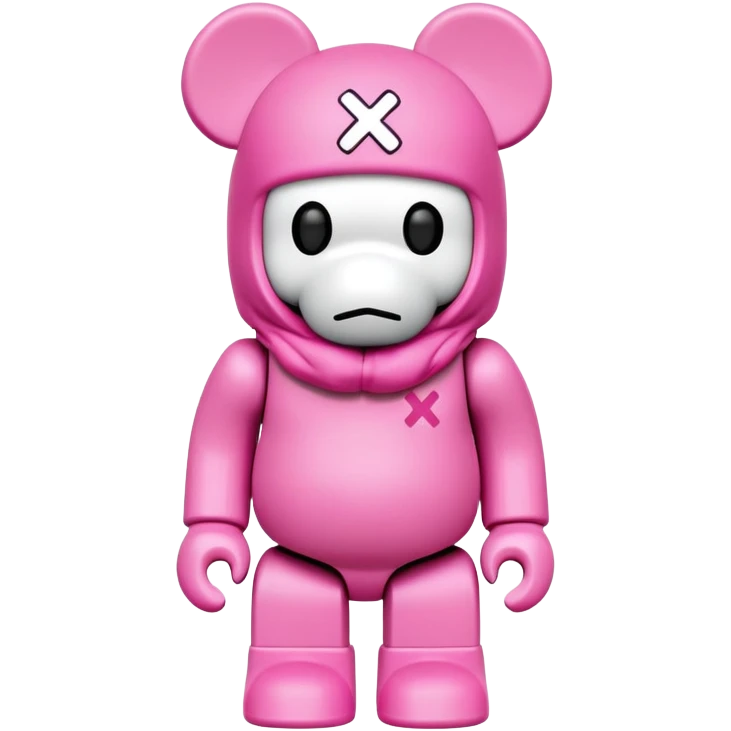 Bearbrick figure with KAWS X eyes wearing a pink balaclava, simplified toy bear shape with articulated limbs emoji