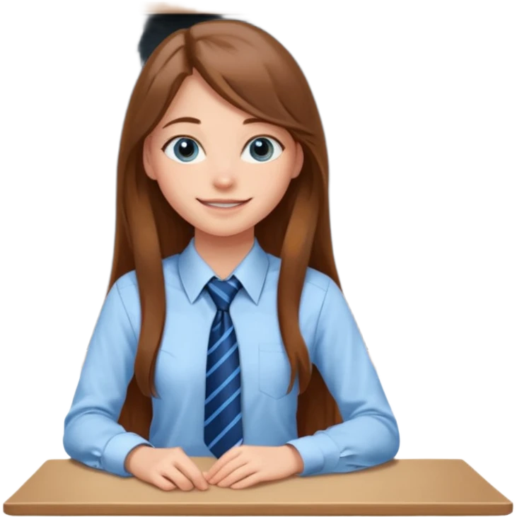 high school class room with a pretty female high school student with long brown hair, blue eyes, wearing a tie, sitting in front of the blackboard emoji