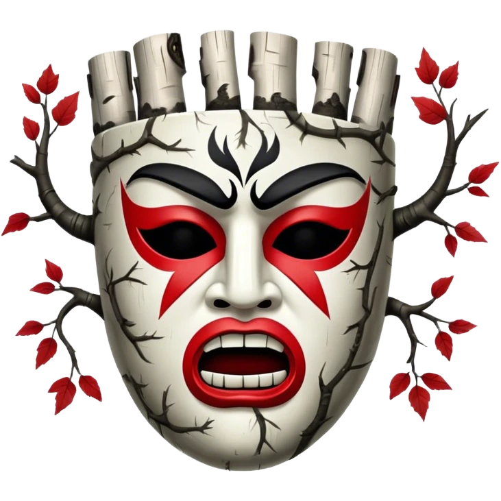 birch tree male mask in kokoshnik expressing anger, white, black and red palette, the texture has black marks emoji