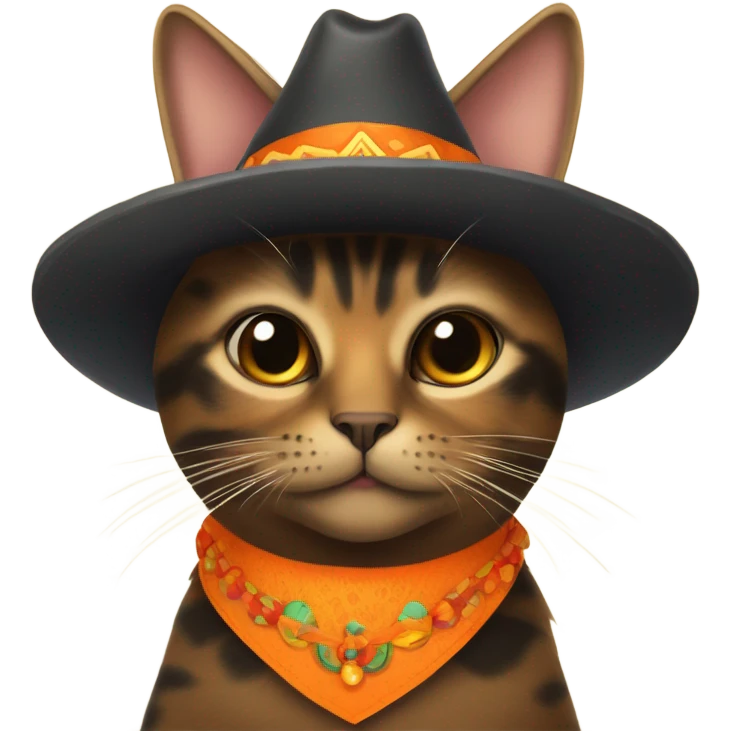 A tortoiseshell colored cat with an orange collar and sombrero emoji