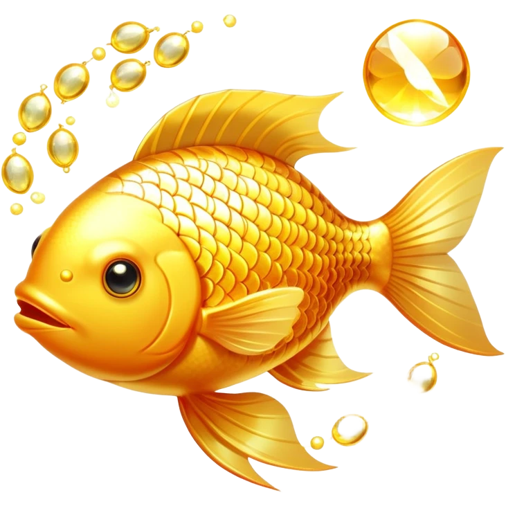 Bright golden fish with radiant glowing scales alongside a shining golden omega-3 capsule. Both elements emitting strong beams of light and sparkles, surrounding them with a brilliant aura. The scene is filled with luminous particles and light rays creating a magical, bright effect. emoji