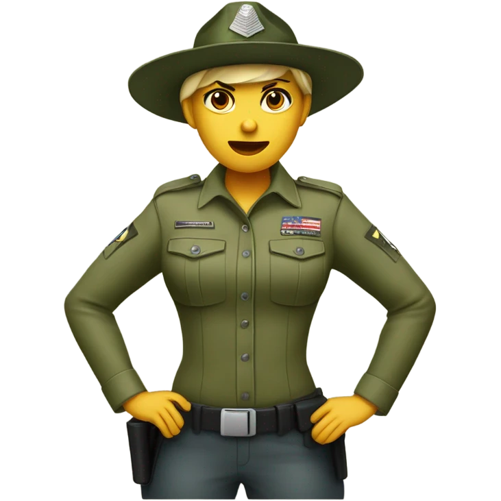 a female drill sergeant showing full torso wearing a classic sergeant hat and a camouflage army shirt. The character should have an angry intense expression.  emoji