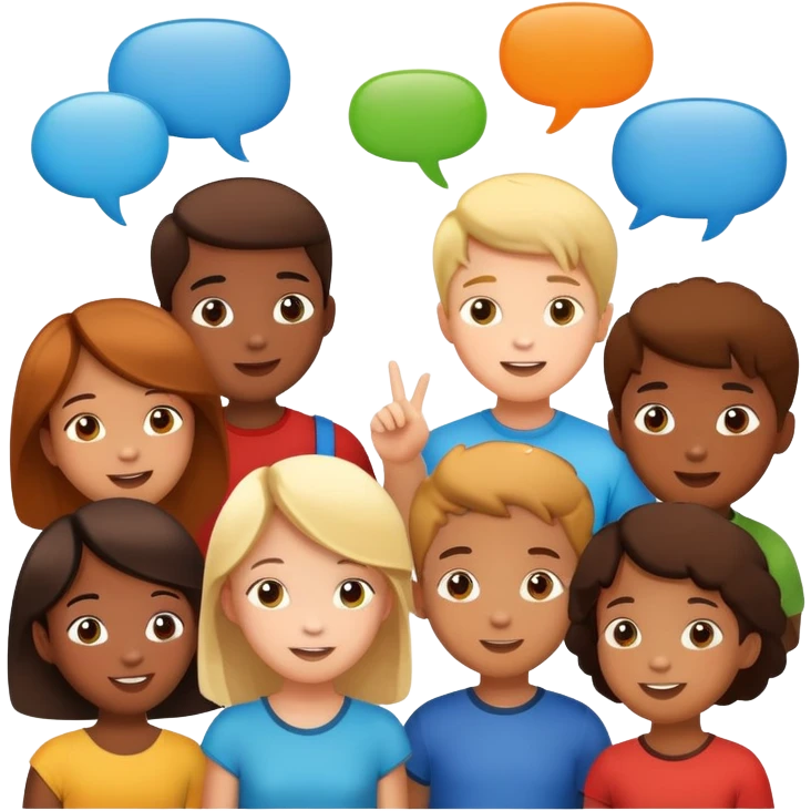 a group of children chatting together, fun and lively, with speech bubbles emoji