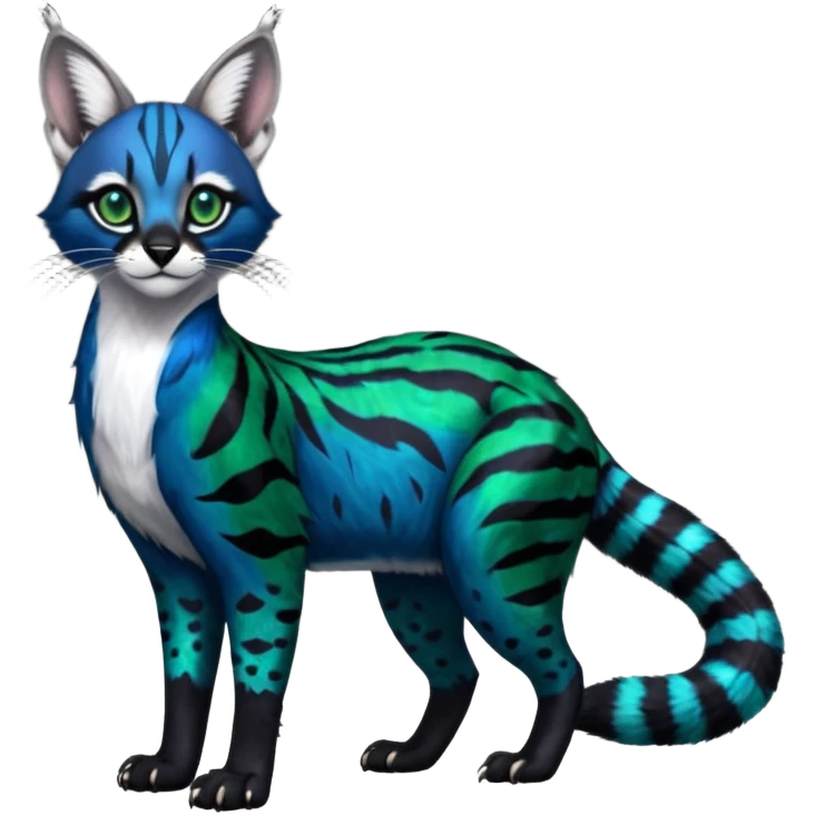 Colorful dark tropical cobalt-blue, black, white fur, with green eyes, iridescent glorious divine exotic cute cool beautiful shiny beautiful fantasy-caracal-civet-genet-sergal-vernid-Cacomistle-oncilla-animal-Fakémon-hybrid-fursona with pattern markings (full body) emoji