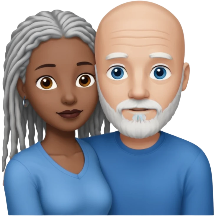 Tall bald white man with a white beard and blue eyes in a lovingly embrace with a black woman with brown eyes and grey hair dreads emoji