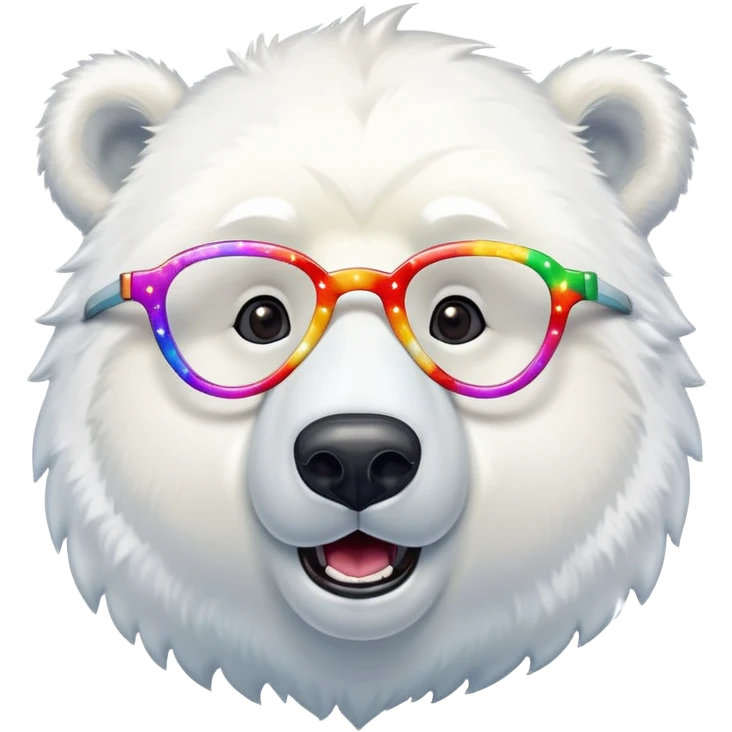 close up headshot of a friendly anthropomorphised polar bear with excited expression wearing large multicolored star-shaped glasses emoji