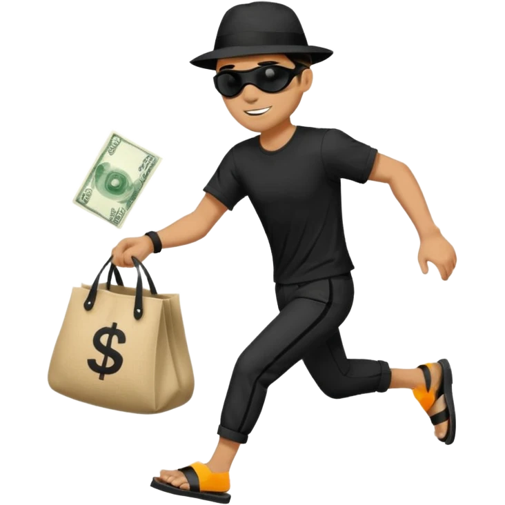 Make a man wear a black pant and he shirt is balck line and white line and wear a black hat and he holding a money bag and he running he wear a black eye thing no money in the Left hand and he yellow and the money bag in the right he wear a flip flop like this is Money bag 💰 NO MONEY emoji