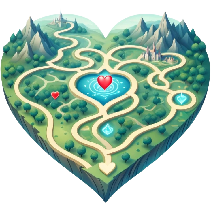 Magical cartography map with abstract heart-shaped pathways blending into the terrain lines, glowing ethereal map symbols emoji