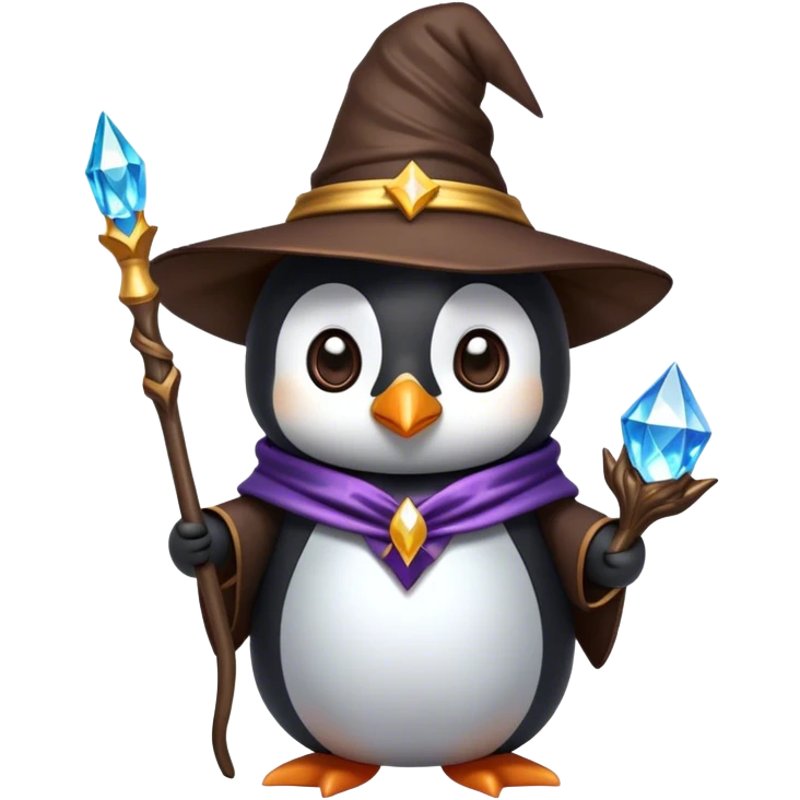 cute penguin dressed up as a wizard holding a staff that has a crystal on it emoji