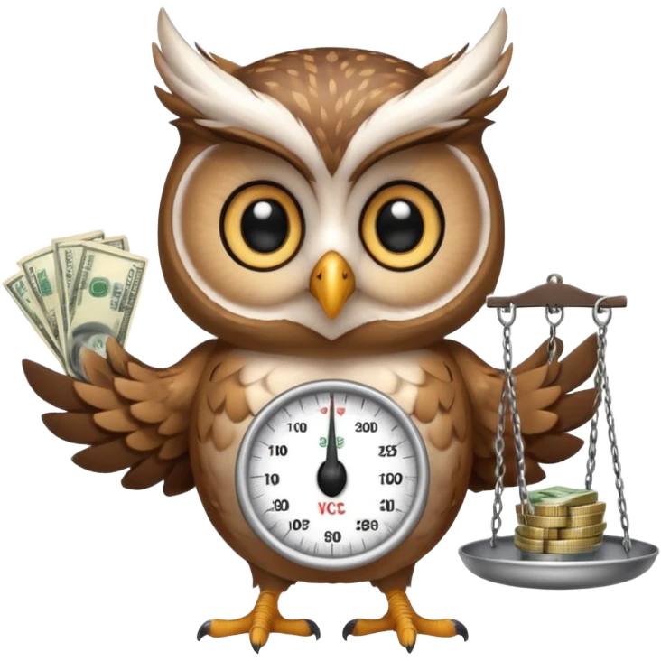 cute female mascot owl holding money scale with two sides emoji