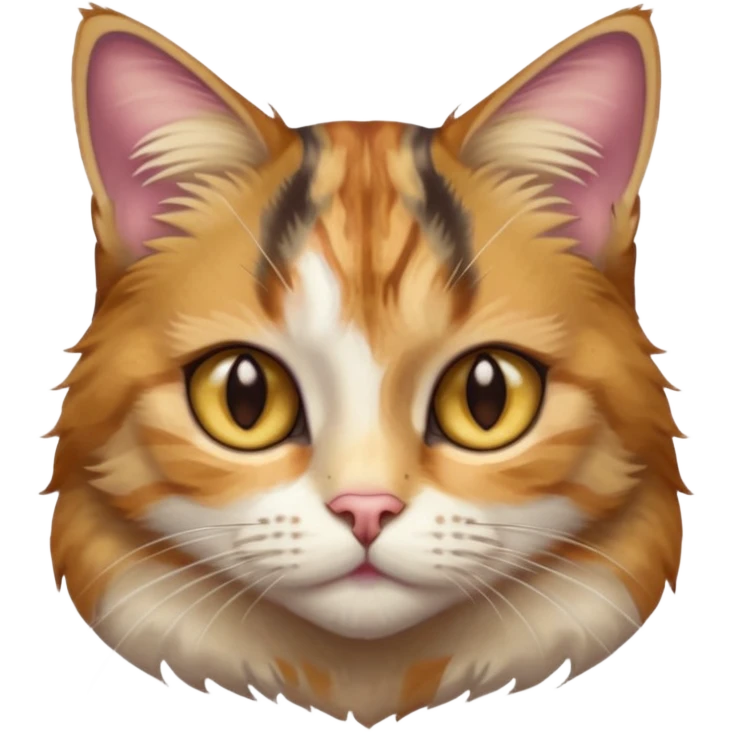 full body anxious looking colourful light calico tabby cat with hazel eyes  and half of face in brown tabby emoji