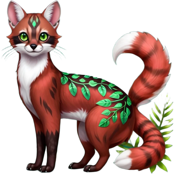 Colorful dark tropical sanguine-red, black, white fur, with green eyes, iridescent glorious divine exotic cute cool beautiful shiny beautiful floral fantasy-caracal-civet-genet-sergal-vernid-Cacomistle-oncilla-animal-Fakémon-hybrid-fursona with pattern markings (full body) emoji
