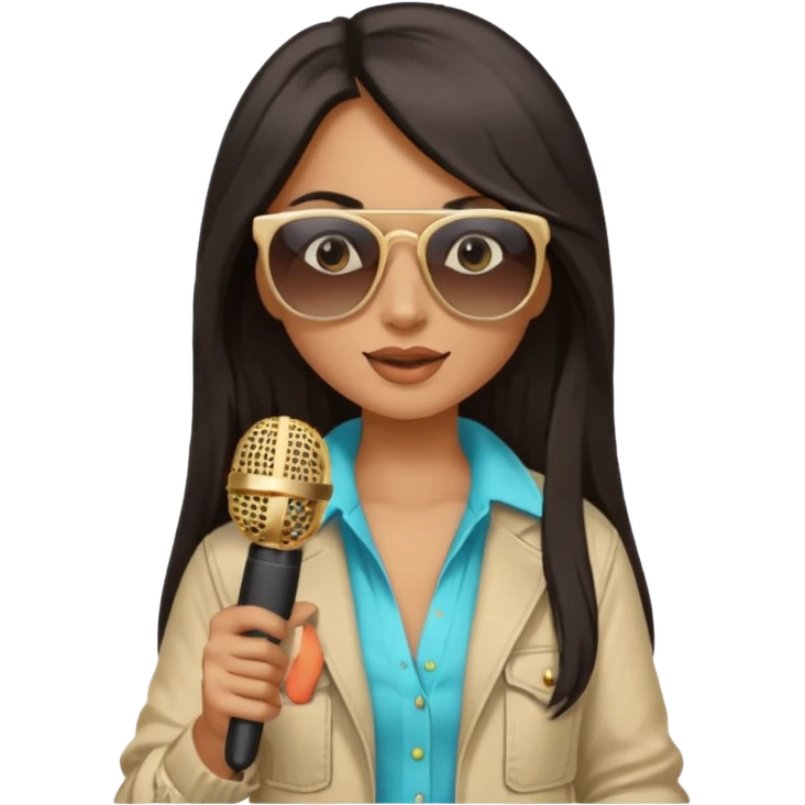 dark long haired woman with summer clothes and sun glasses holding microphone emoji