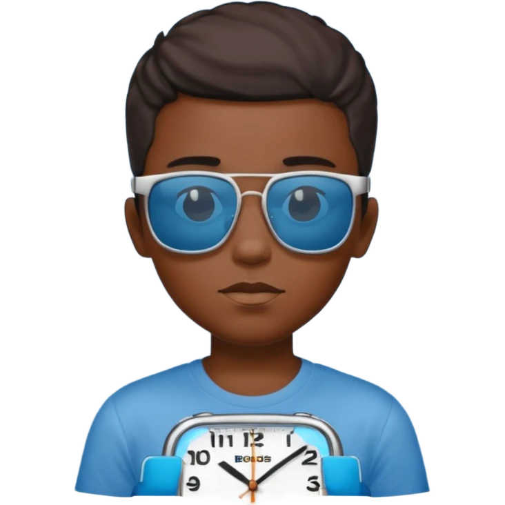 Un garçon noir avec des lunettes de soleil un peu bleu avec un cadran plutôt carré et SANS QU’ON VOIT SES YEUX. Et au dessus de sa tête il y a écrit BOUSs on dois pas voir ses yeux emoji