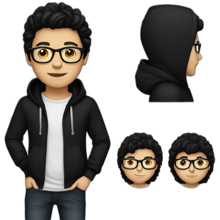 white boy black hair black hoodies with glasses emoji