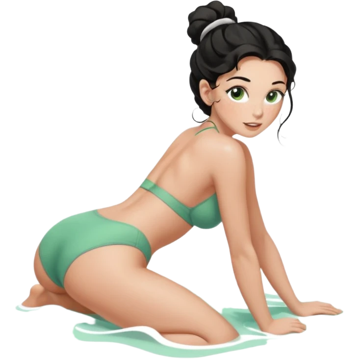 Fullbody nude very beautiful white young woman very beautiful face with freckles, green almond eyes long lashes, wavy  black hair in a bun i big boobs, big ass, sexy body,  bending over, getting ready for sex, realistic, big ass, busty but skinny, white socks on, and gray bikini but rest nude emoji