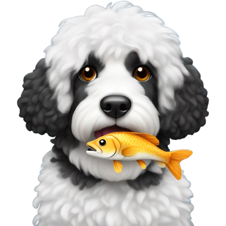Black bernadoodle with white around mouth and big white eyebrows with a fish in his mouth  emoji