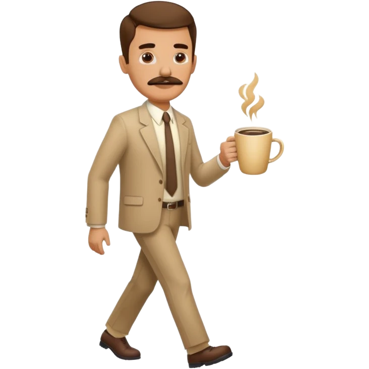 A guy with a mustache walking while holding a coffee cup, and the guy is tired ￼ emoji