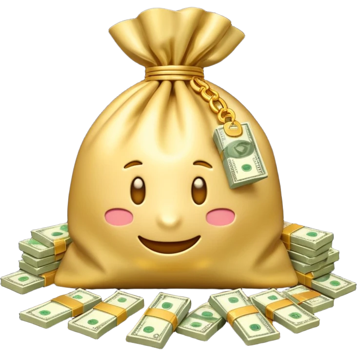 Luxury 3D emoji, overflowing money bag, stacks of cash, premium lighting, rich glossy look, ultra clean, transparent background


 emoji