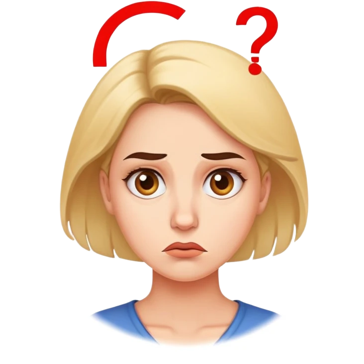 A woman with a confused facial expression, furrowed brow, and question mark above her head emoji