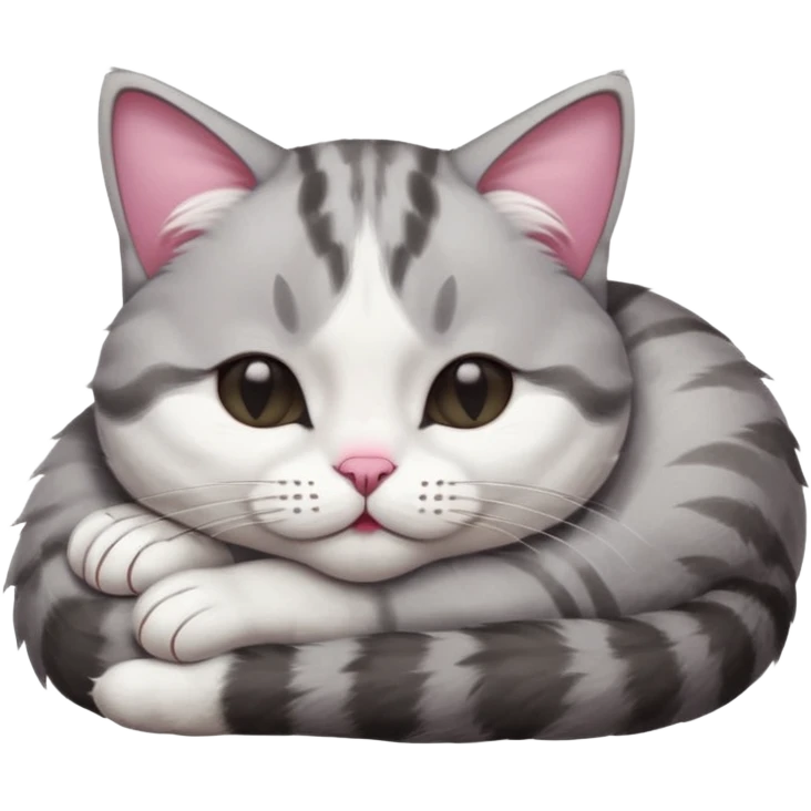 grey and white small cat with its eyes closed lying down with its head resting own paw emoji