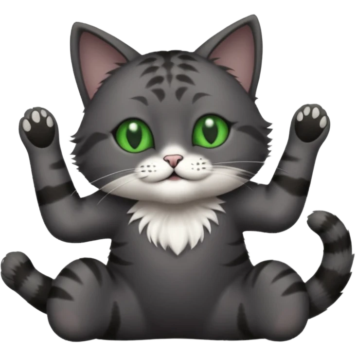 solid dark grey cat with green eyes, completely solid grey face, white toes/paws playing rolling upside down emoji