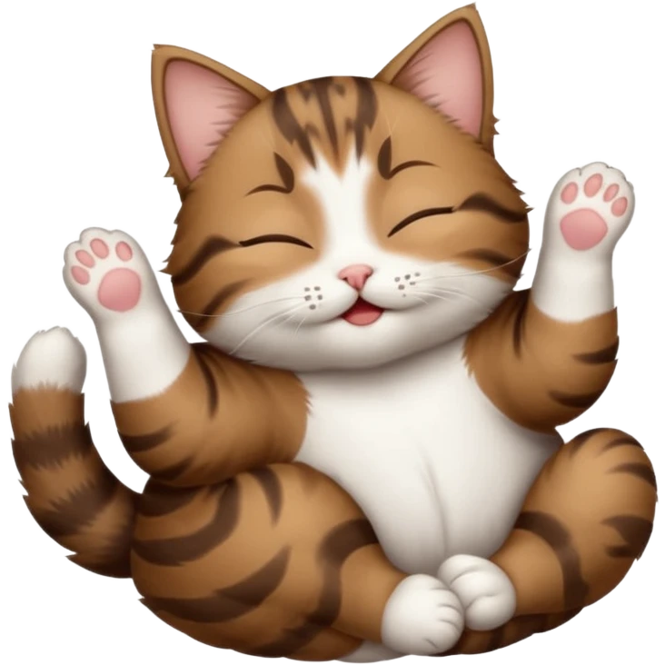 dark brown tabby and white small cat in funny positions upside down with eyes closed emoji