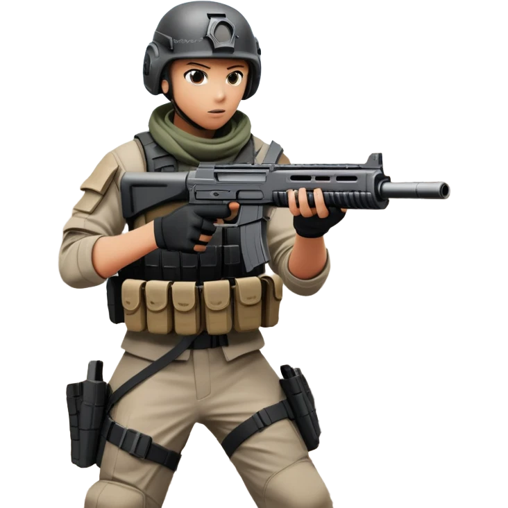 A skilled airsoft player aiming and shooting metal BBs from a replica gun, standing in a ruined urban environment. The background features crumbled walls and debris, emphasizing strategy, precision, and intense action in a tactical, team-based sport. emoji