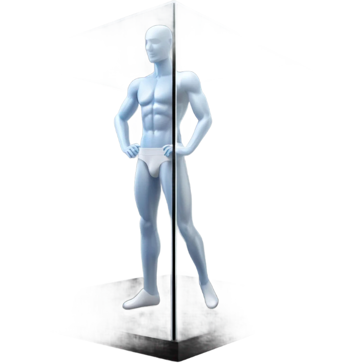 male mannequin abs cubes inside a glass cube on a stand isometric view emoji