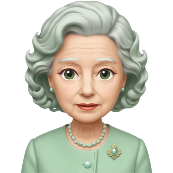 Queen Elizabeth with grey hair and waves in pastel green clothes emoji
