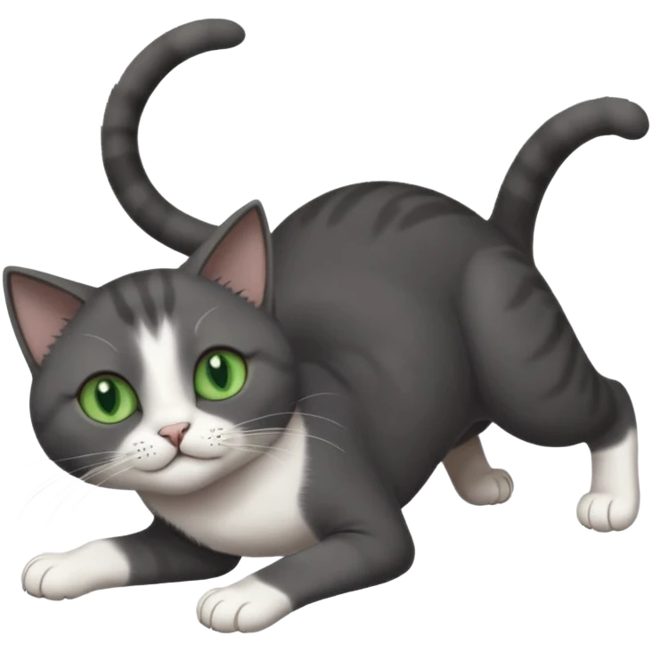 dark grey cat with green eyes, white toes/paws and white patch on her chest playfully rolling upside down emoji