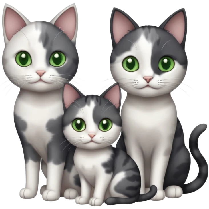 3 different coloured small cats including a dark grey and white, and a patchy calico and a completely solid dark grey with green eyes and only white paws emoji