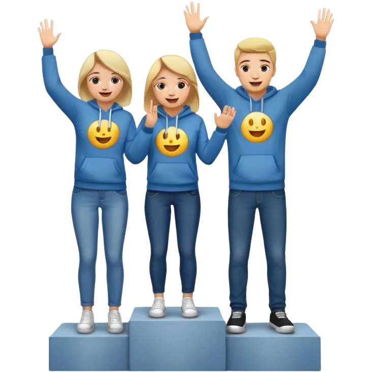three casually dressed people on a winners’ podium with the middle step higher, all wearing jeans, t-shirts, and hoodies, excited and fun emoji style emoji