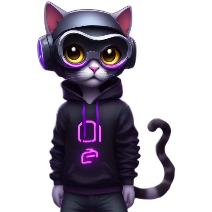 cat wearing a black hoodie with "OMG" letters on it and VR headset in a cyberpunk VR environment with violet neon lighting. emoji